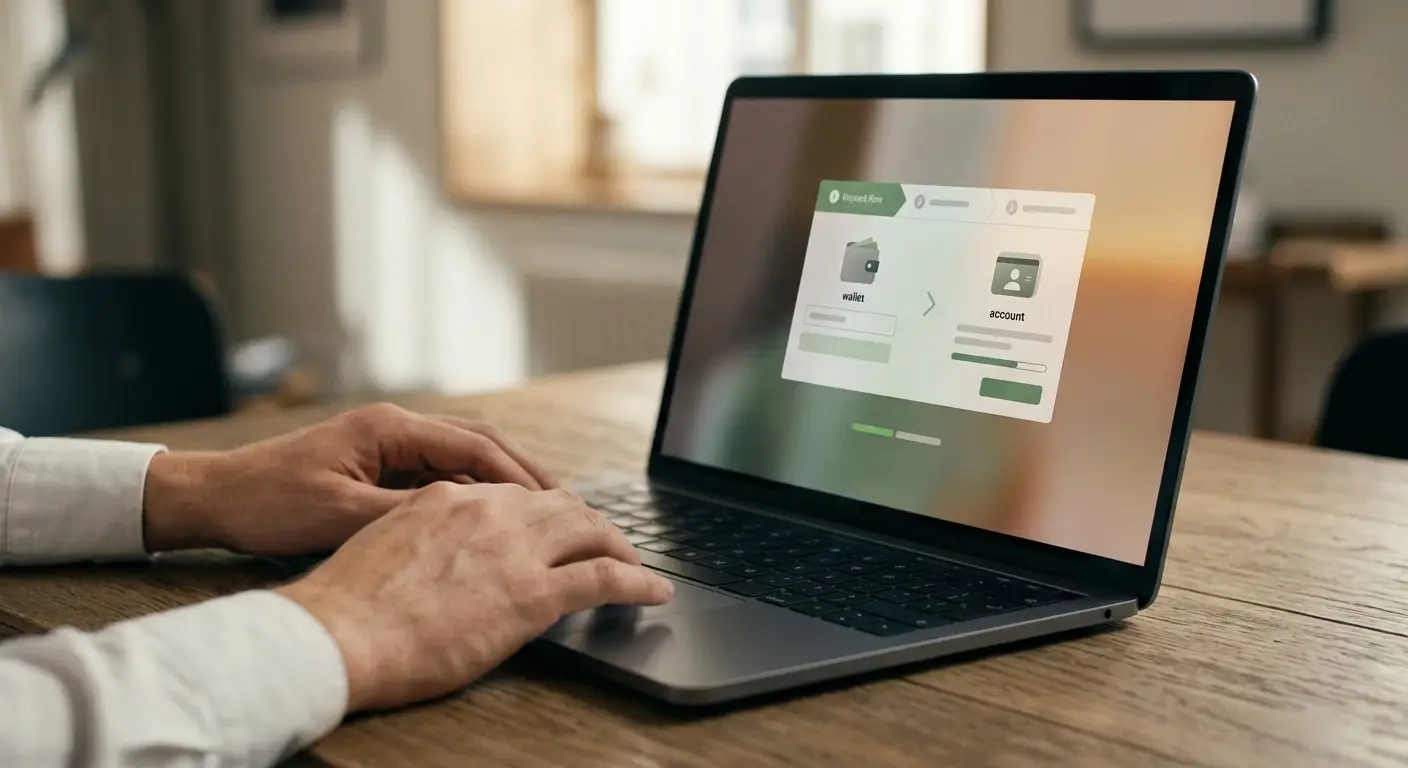 Laptop mit neutralem Kassiererfenster und Wallet-Zahlung ohne Markenkennzeichen