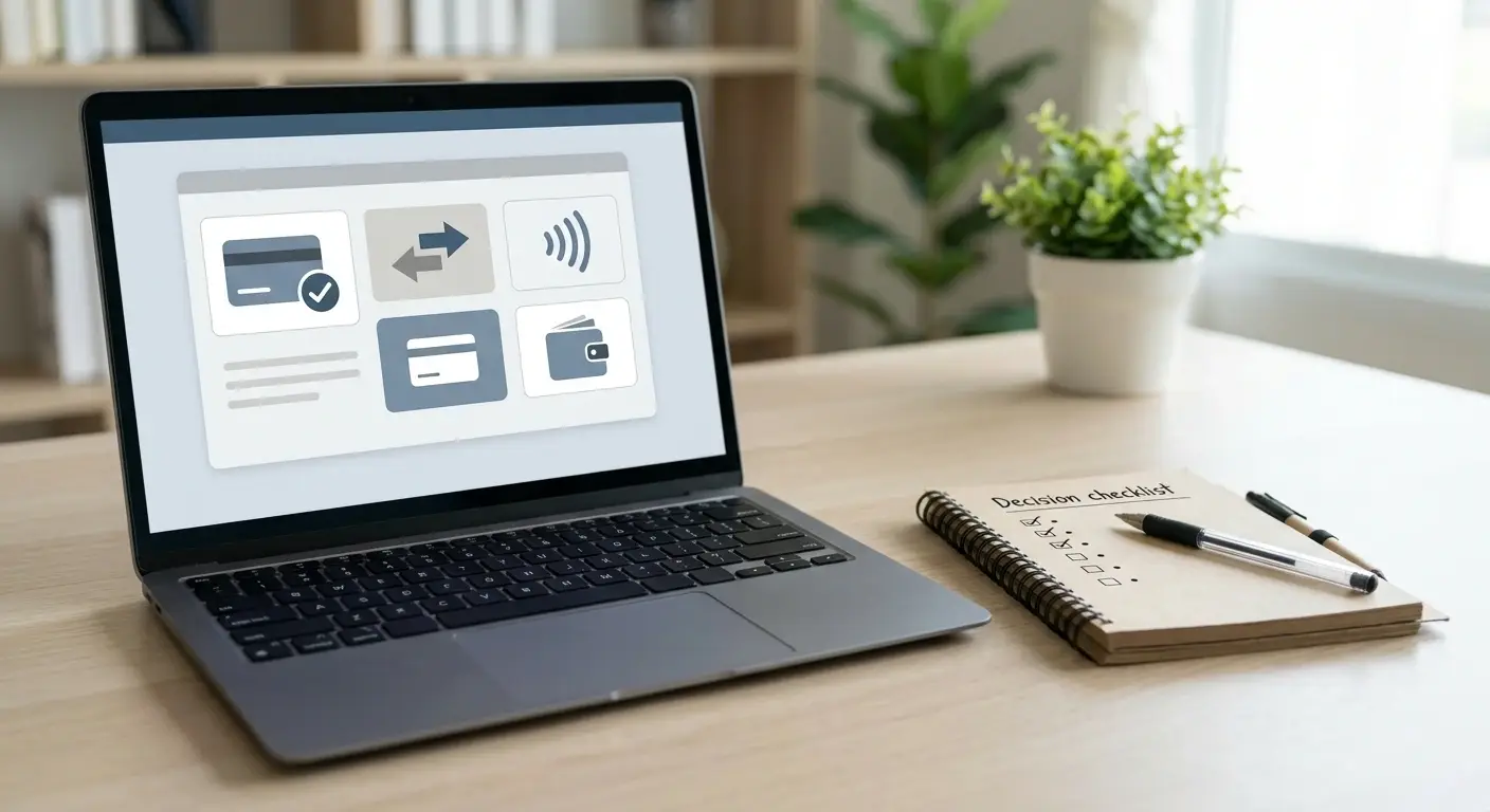 Person vergleicht neutrale Wallet-Alternativen auf einem Laptop ohne erkennbare Marken