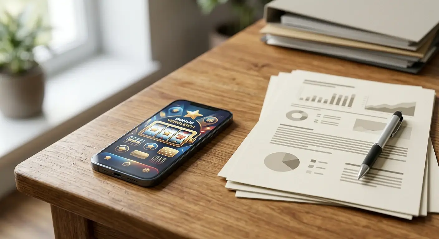 Neutrales Smartphone neben übersichtlichen Bonusunterlagen auf einem ruhigen Schreibtisch