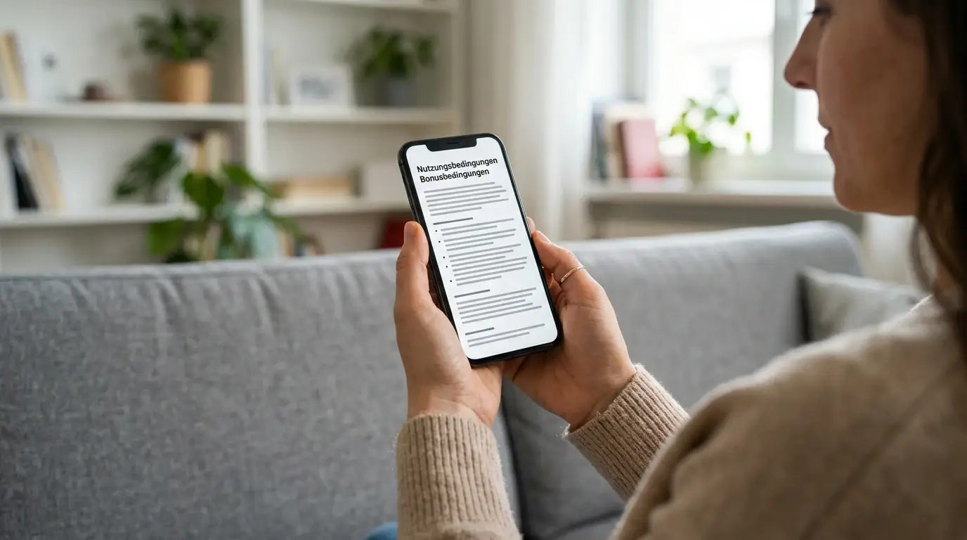 Smartphone mit geöffneter Ansicht von Bonusbedingungen