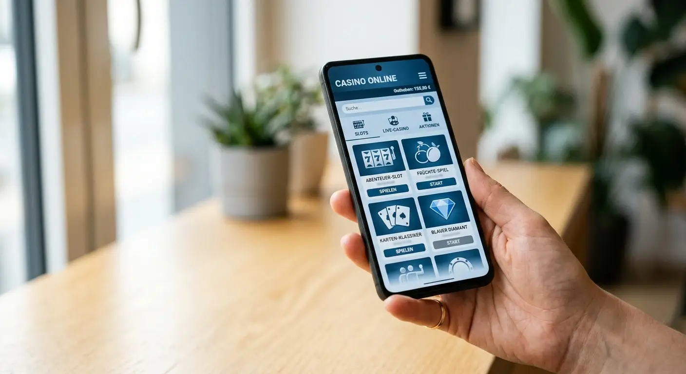 Hand holding smartphone with a neutral responsive casino interface, soft daylight, no logos
