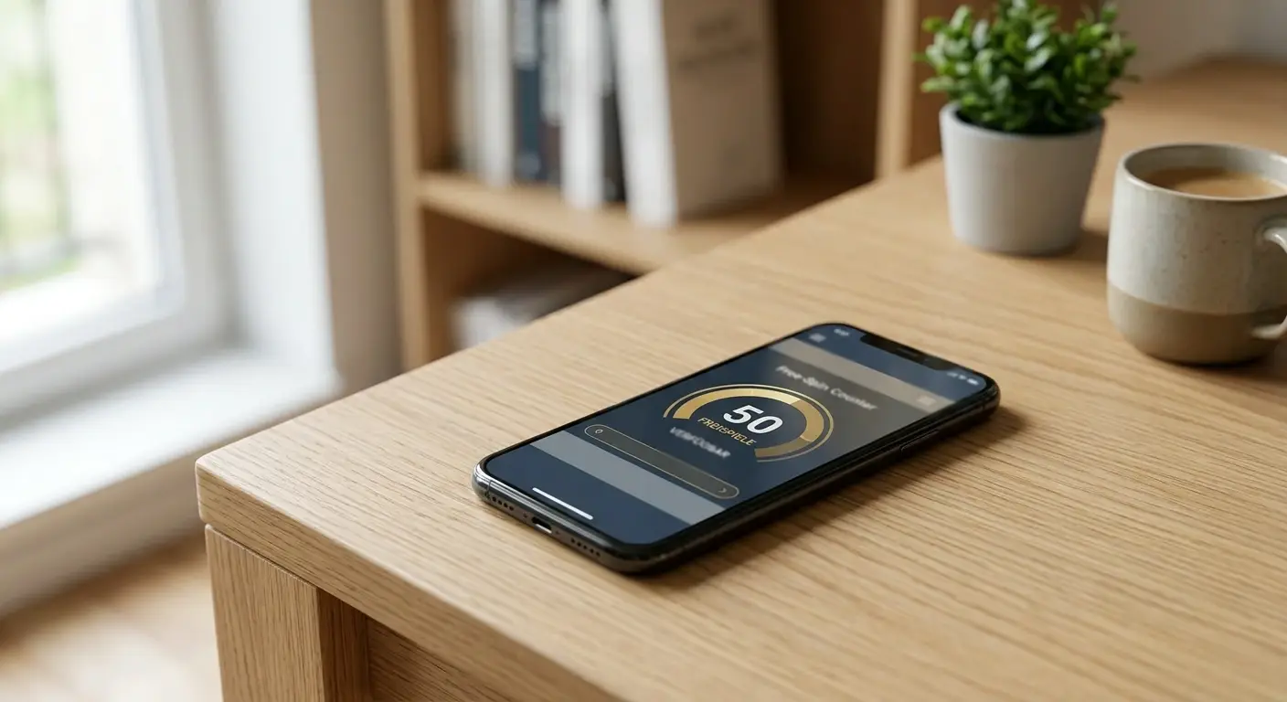 Smartphone mit neutraler Bonusanzeige und sichtbarem Freispiele-Zähler