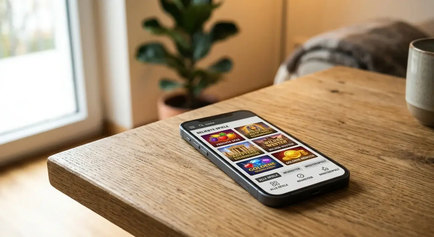 Smartphone mit neutraler Casino-Lobby auf modernem Holztisch ohne Markenzeichen