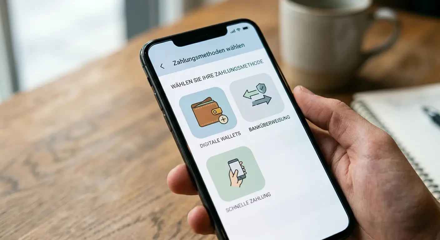 Smartphone mit neutralen Wallet- und Banküberweisungs-Symbolen ohne Markenlogos