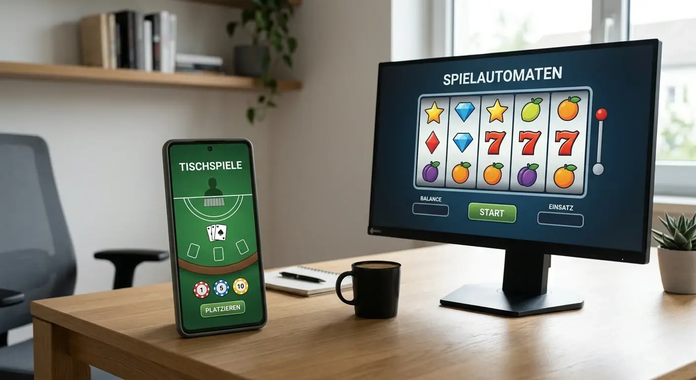 Smartphone und Desktop mit neutralen virtuellen Spieloberflächen für verschiedene Glücksspielarten