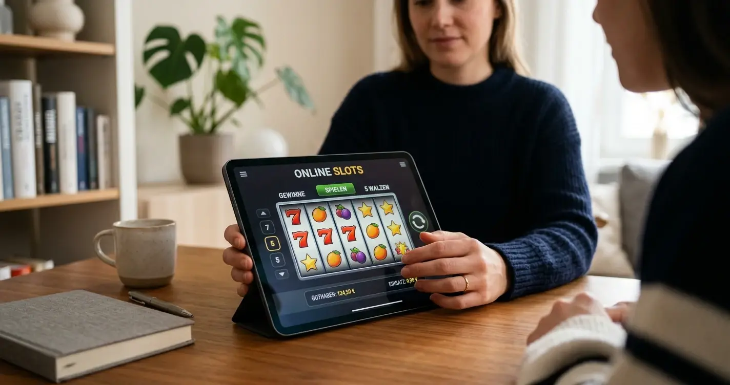 Isometrische Illustration eines modernen Smartphones mit buntem Slot-Game-Interface, umgeben von schwebenden abstrakten Provider-Token (M für Merkur, N für Novoline, NetEnt) in warmer Terracotta-Creme-Farbpalette, reduzierte Low-Poly-Ästhetik