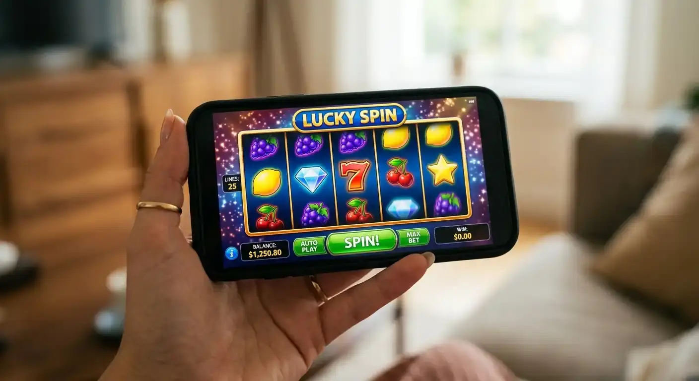 Smartphone-Display mit bunten Slot-Spielautomaten-Symbolen