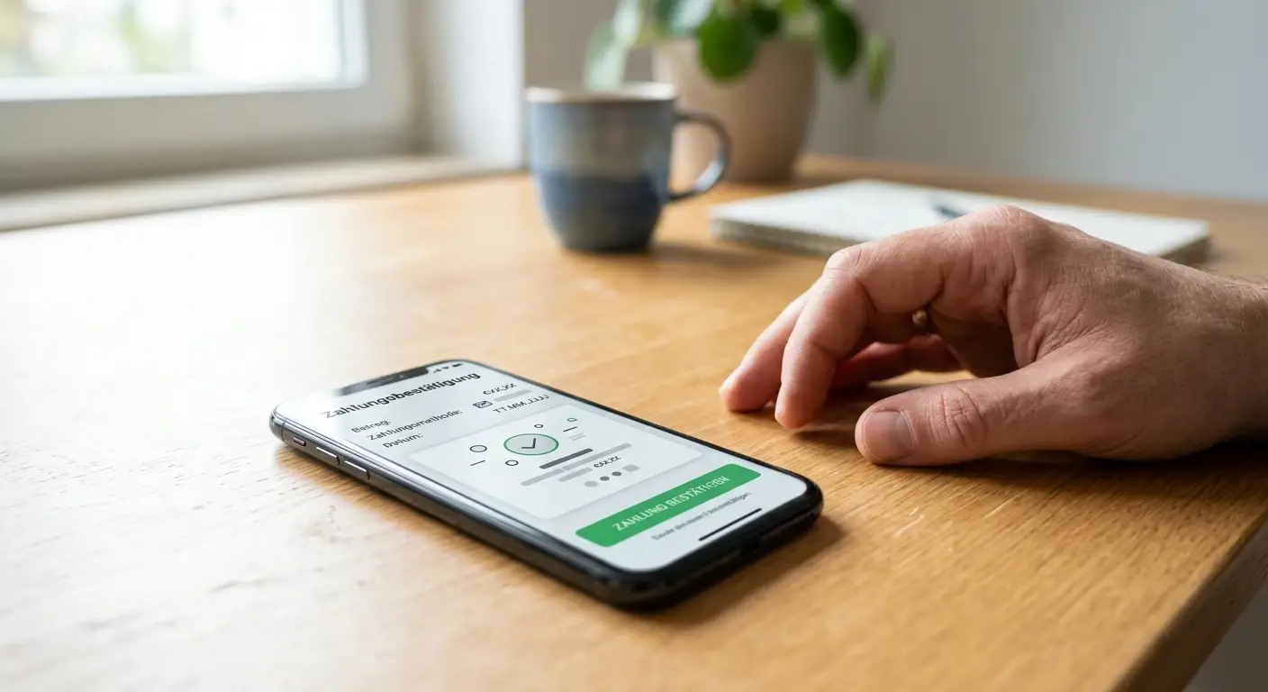 Smartphone mit neutraler mobiler Casinokasse auf einem hellen Tisch