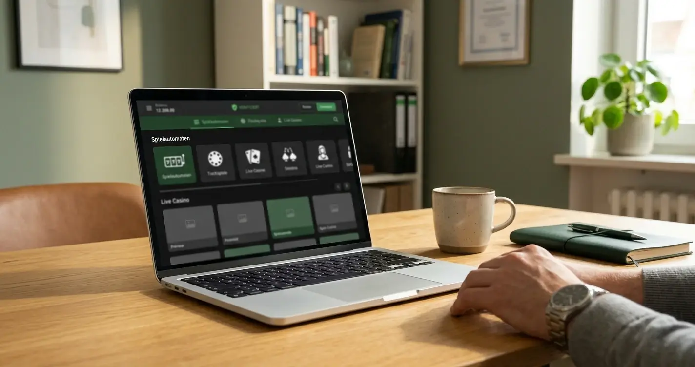 Smartphone mit Casino-App auf dem Bildschirm neben Laptop mit geöffneter Whitelist