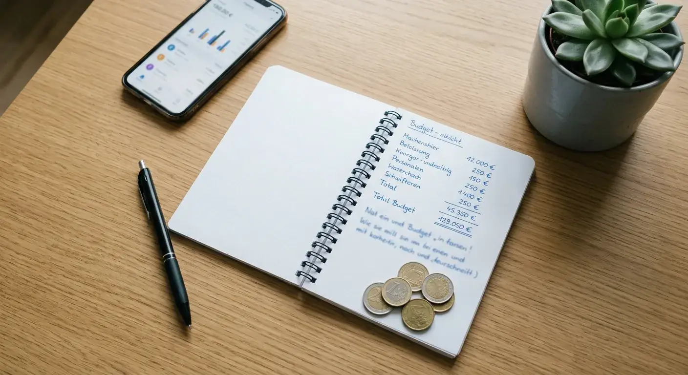 Notizbuch mit Budget-Berechnungen und kleinem Münzstapel