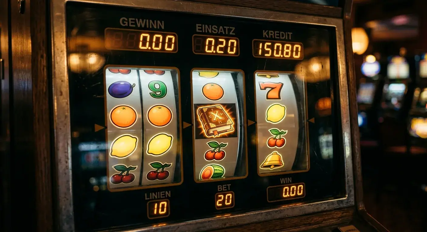 Nahaufnahme klassischer Spielautomaten-Walzen mit Frucht- und Buchsymbolen ohne Markenlogo