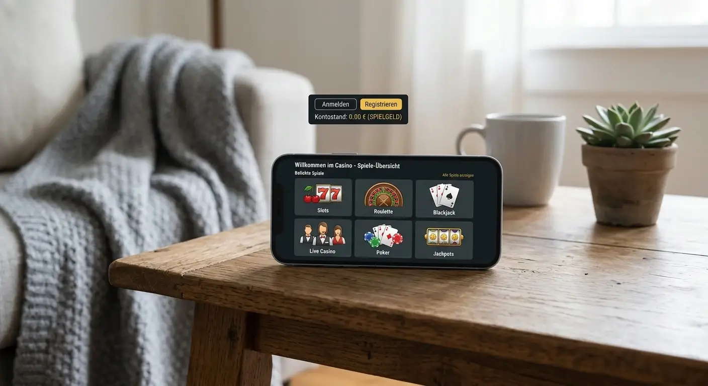 Smartphone mit moderner Casino-App-Oberfläche auf einem Couchtisch