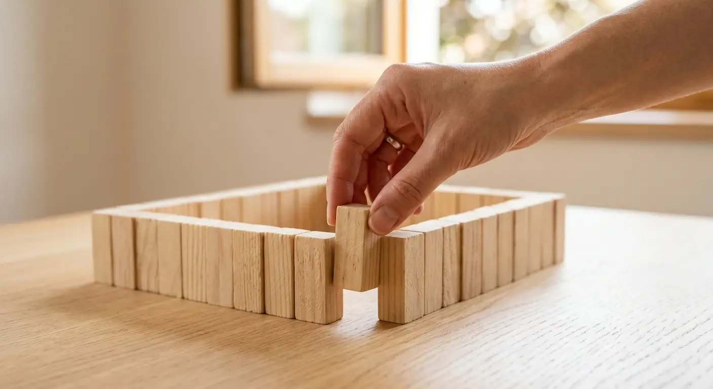 Nahaufnahme einer Hand, die einen kleinen Holzklotz in eine schützende Barrierenformation auf weißer Fläche einfügt