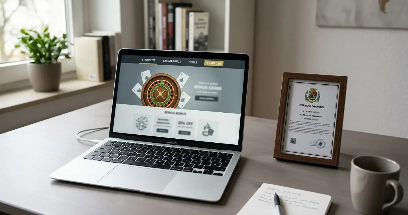 Laptop mit Offshore-Casino-Webseite und Curaçao-Lizenz-Zertifikat