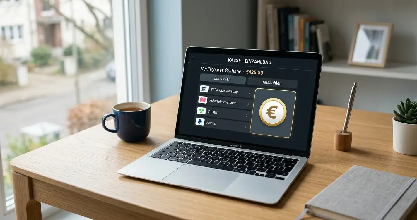 Laptop mit neutraler Casino-Kasse und symbolischem Euro-Zeichen für eine kleine Einzahlung