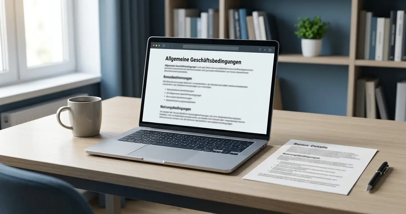 Schreibtisch mit neutralem Bonusdokument und Laptop ohne Markenlogo