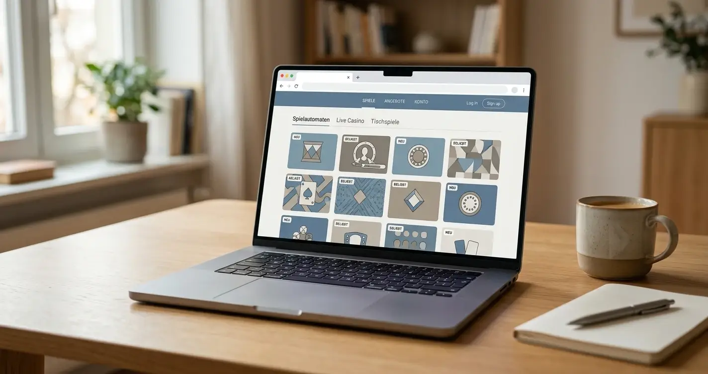Laptop mit neutraler Casino-Browseroberfläche ohne Markenlogo
