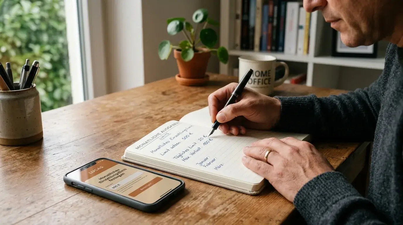 Person writing a monthly spending limit in a notebook beside a smartphone, no calculator