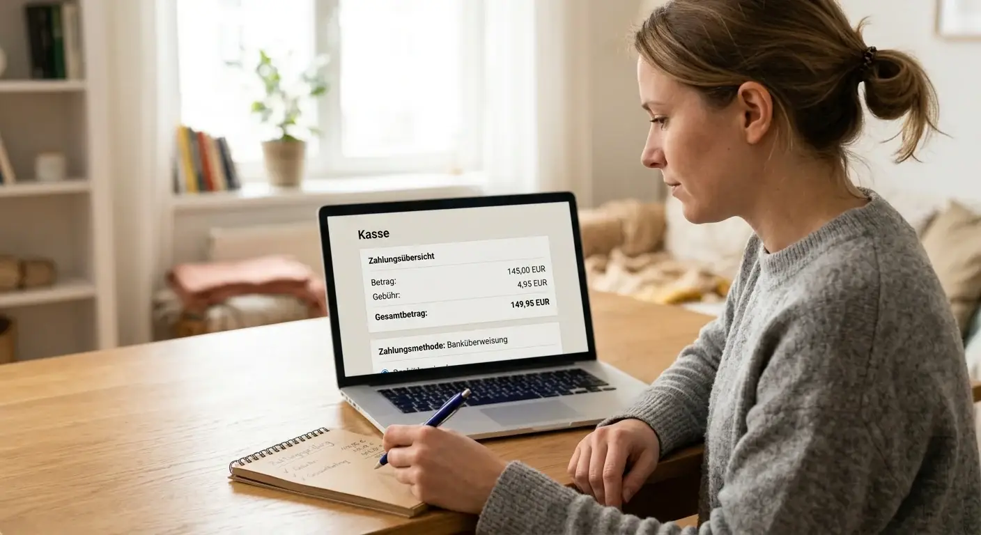 Person prüft Betrag, Währung und Gebühr in einer neutralen Online-Kasse