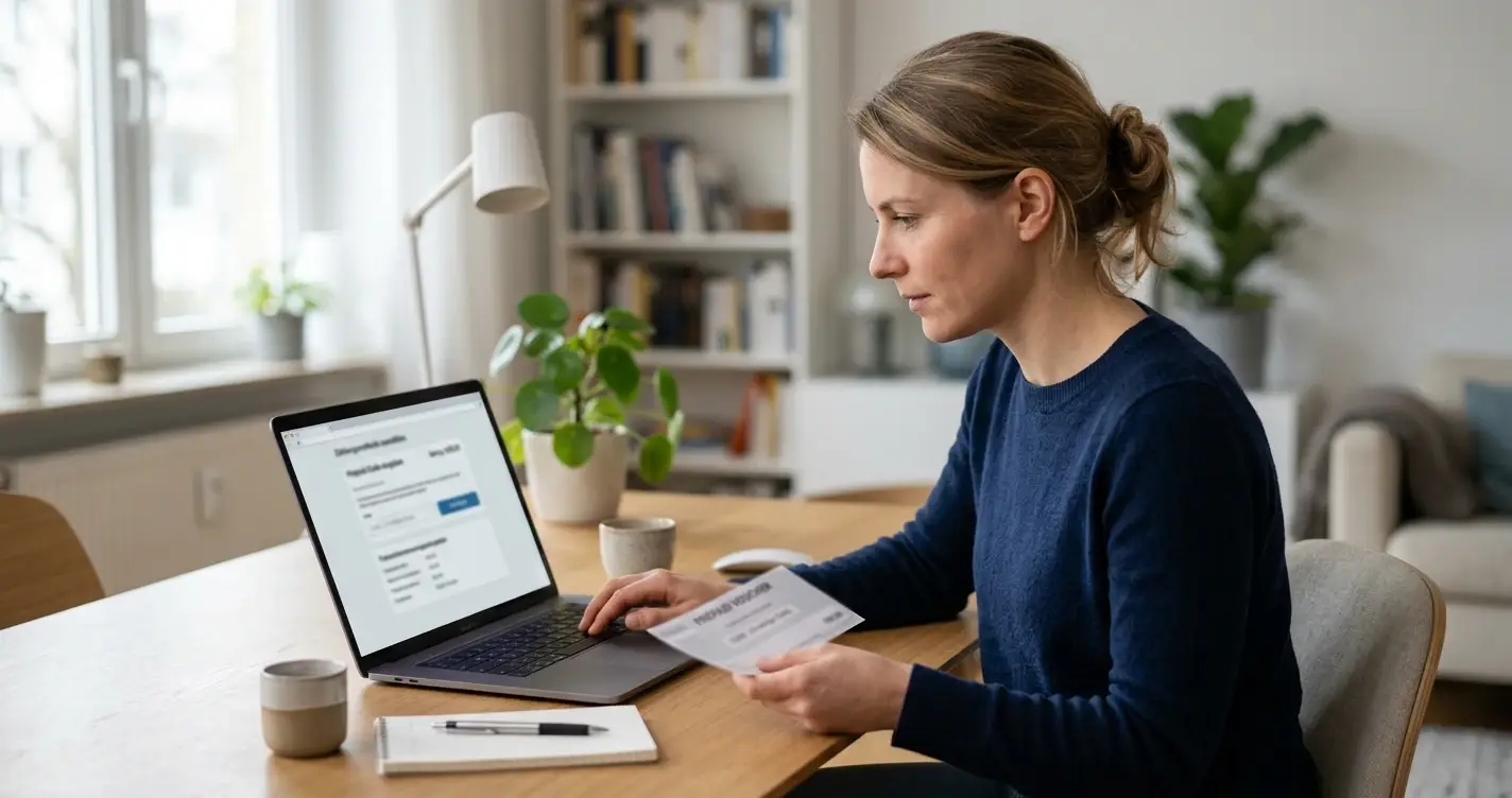 Paysafecard-Code und Laptop in einer ruhigen deutschen Wohnumgebung