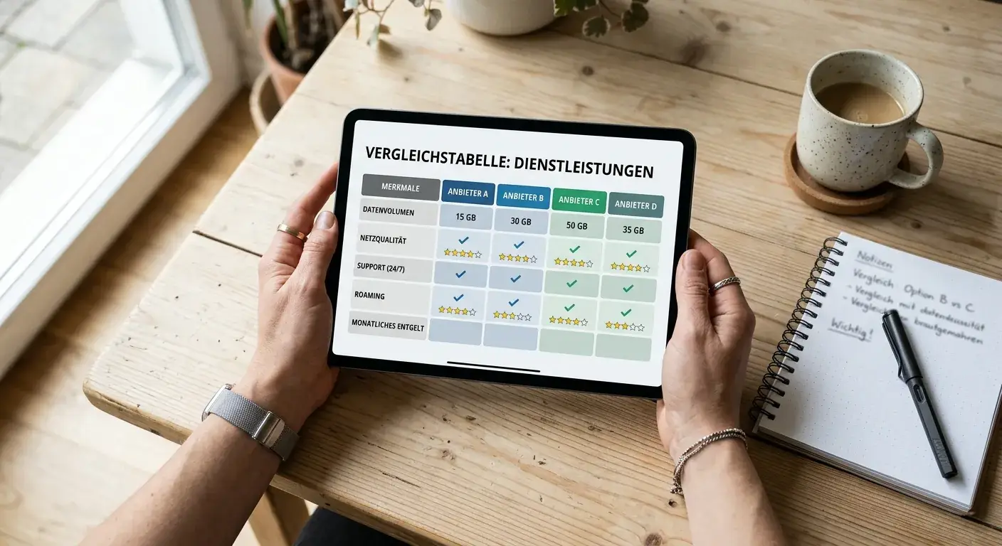Tablet mit Vergleichstabelle auf Holztisch, Notizbuch und Kaffee daneben