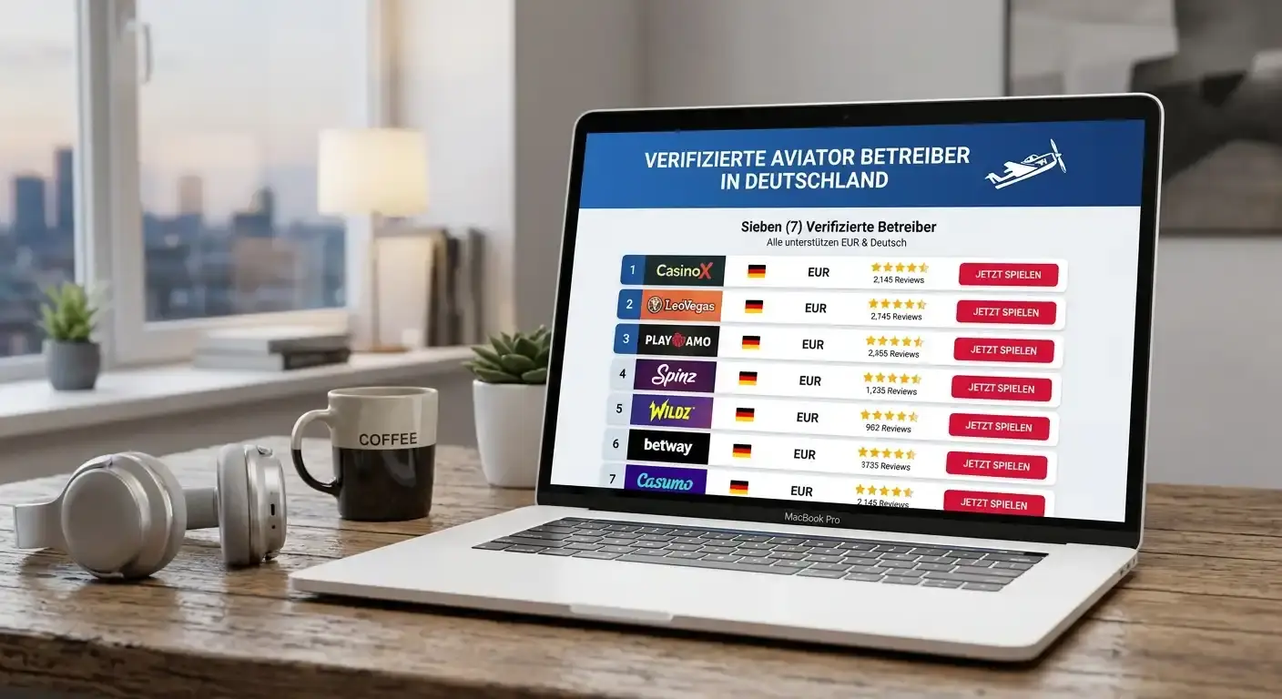 Sieben verifizierte Betreiber bieten Aviator mit EUR-Support und deutscher Sprachunterstützung.