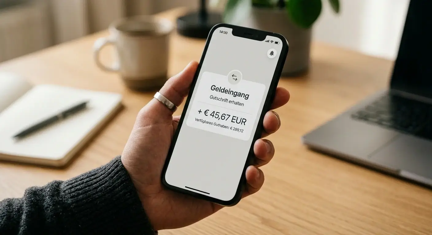 Smartphone zeigt eingehende Auszahlung auf das eigene Konto