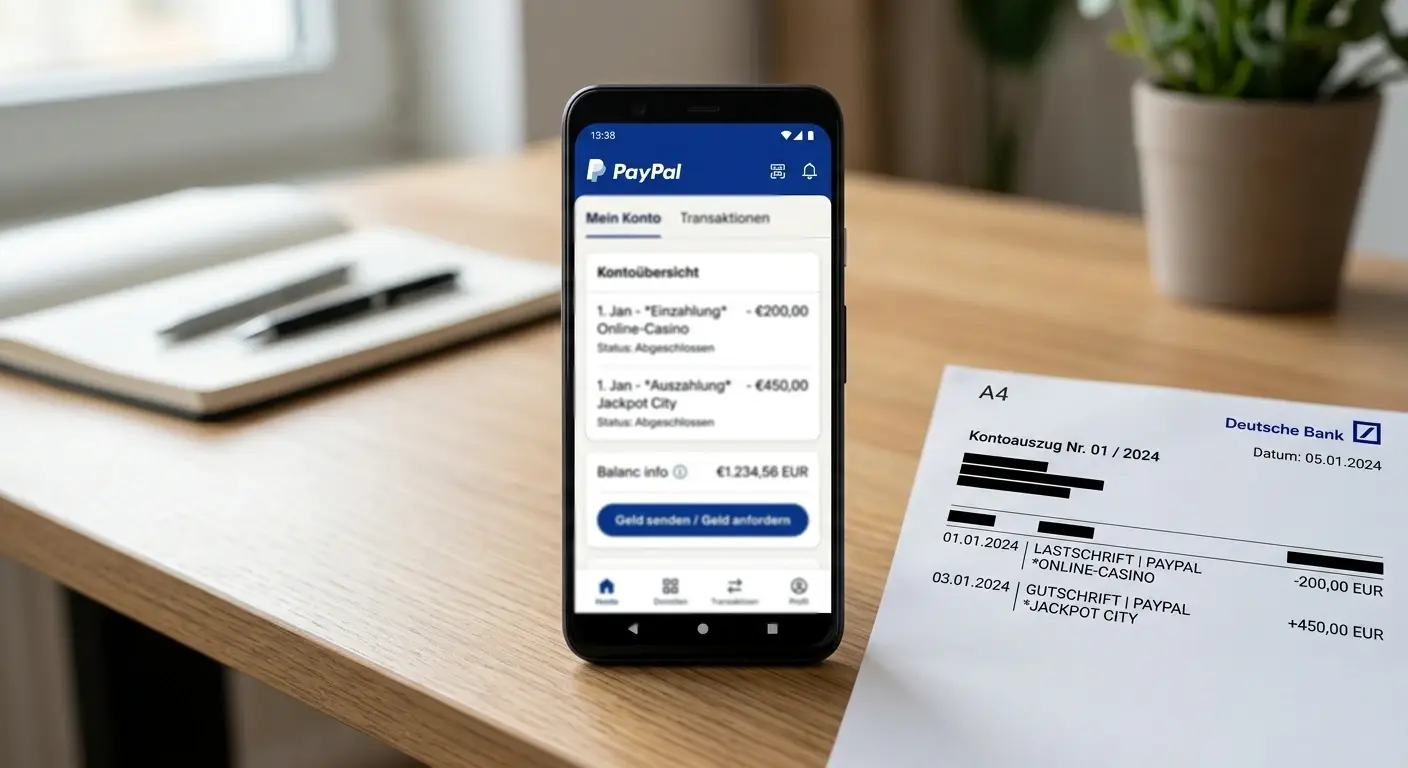 Smartphone mit Zahlungsinterface und gedruckter Kontoauszug auf dem Schreibtisch