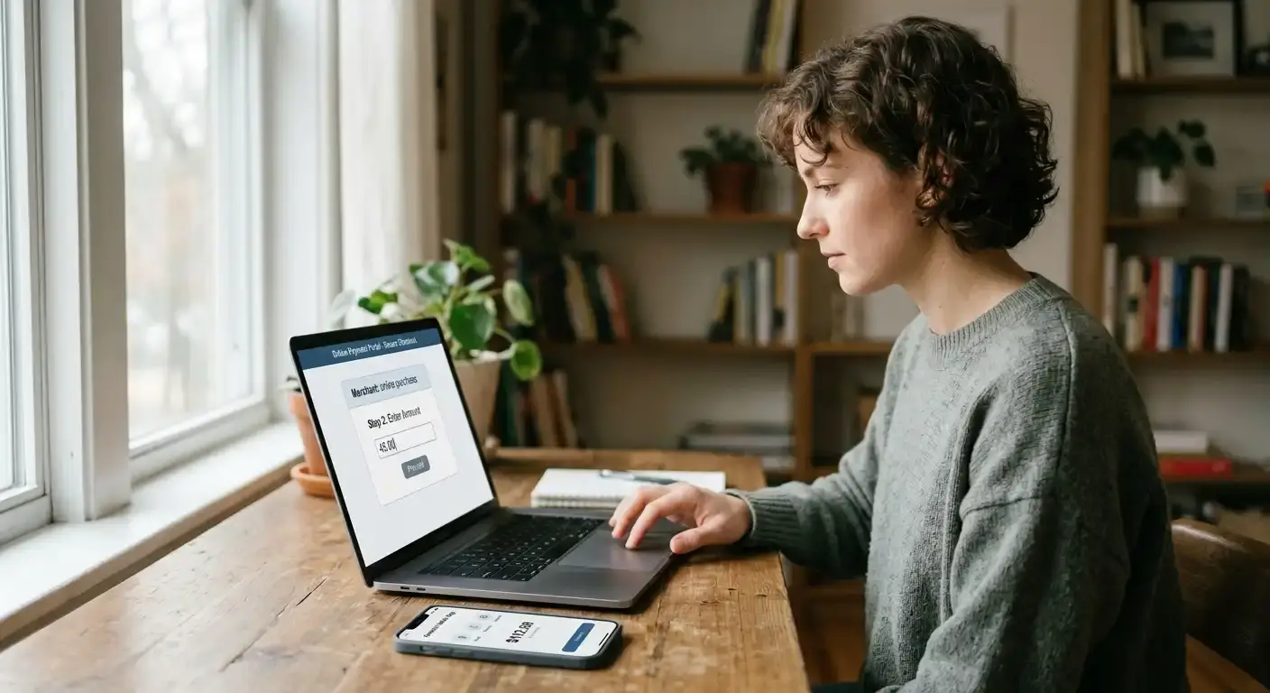 Person zahlt am Laptop per PayPal-Anmeldung im Online-Casino ein