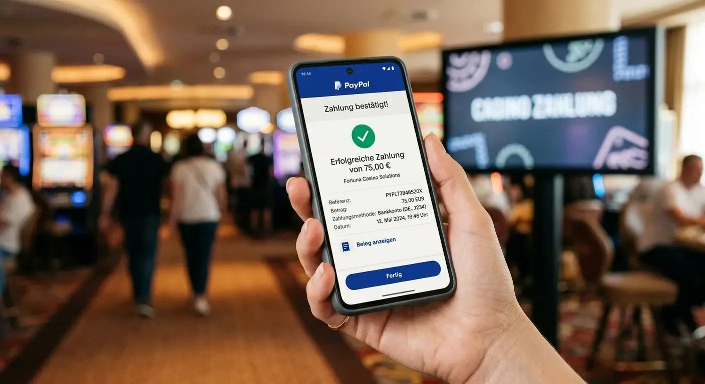 Smartphone zeigt PayPal-Zahlungsbildschirm in Casino-App