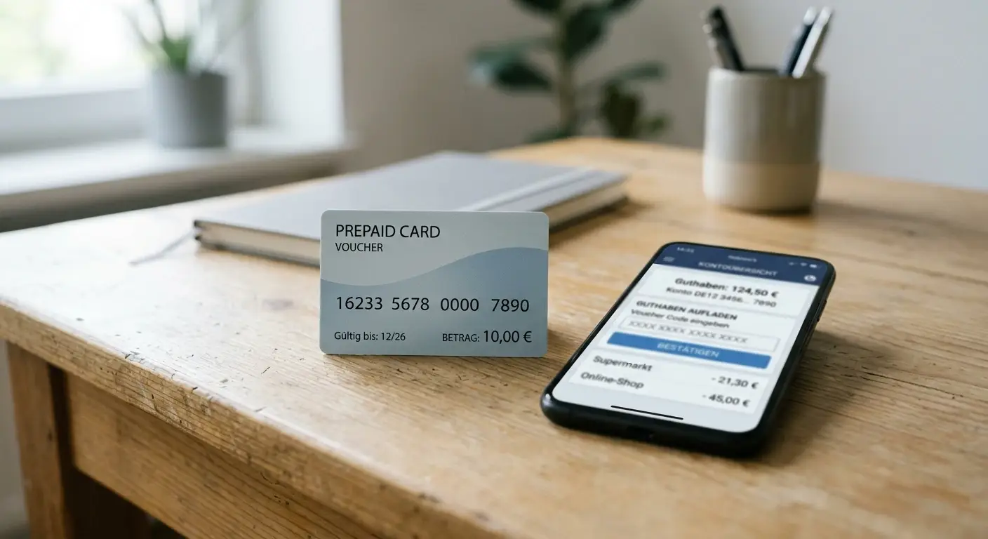 Generischer Prepaid-Gutschein und Smartphone mit neutraler Banking-Ansicht als Zahlungsmethoden im Casino