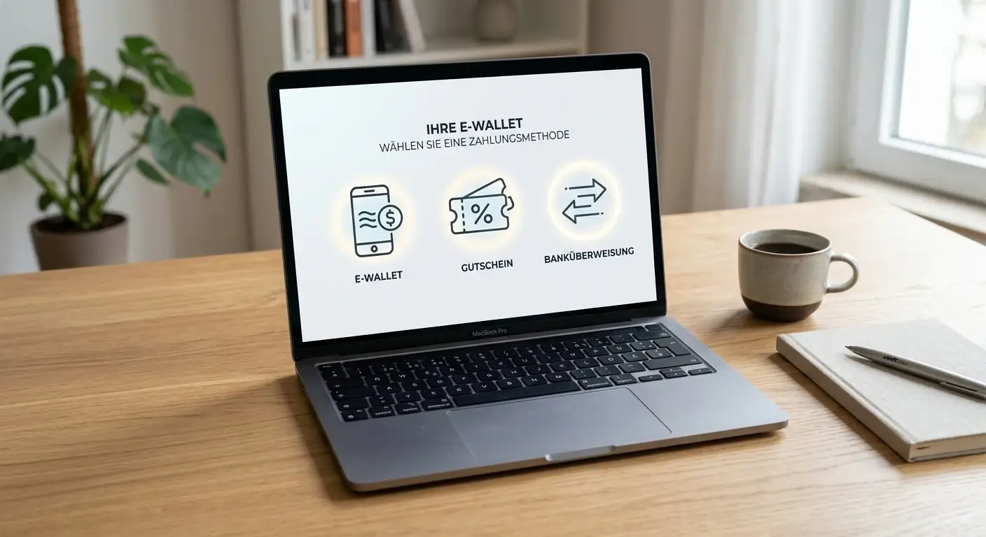 Schreibtisch mit neutralen Symbolen für E-Wallet, Gutschein und Banküberweisung, ohne Karten oder Geld