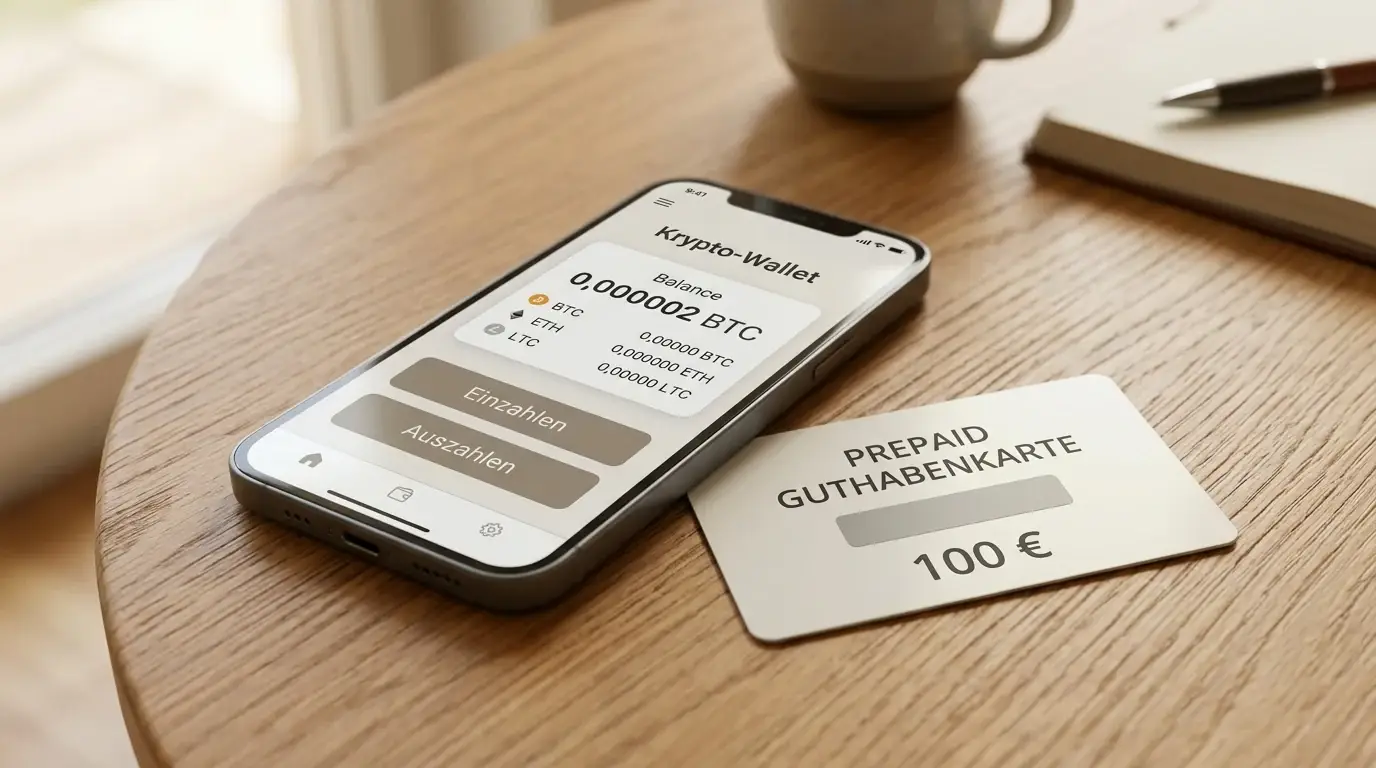Smartphone mit Krypto-Wallet und Prepaid-Karte auf einem Tisch