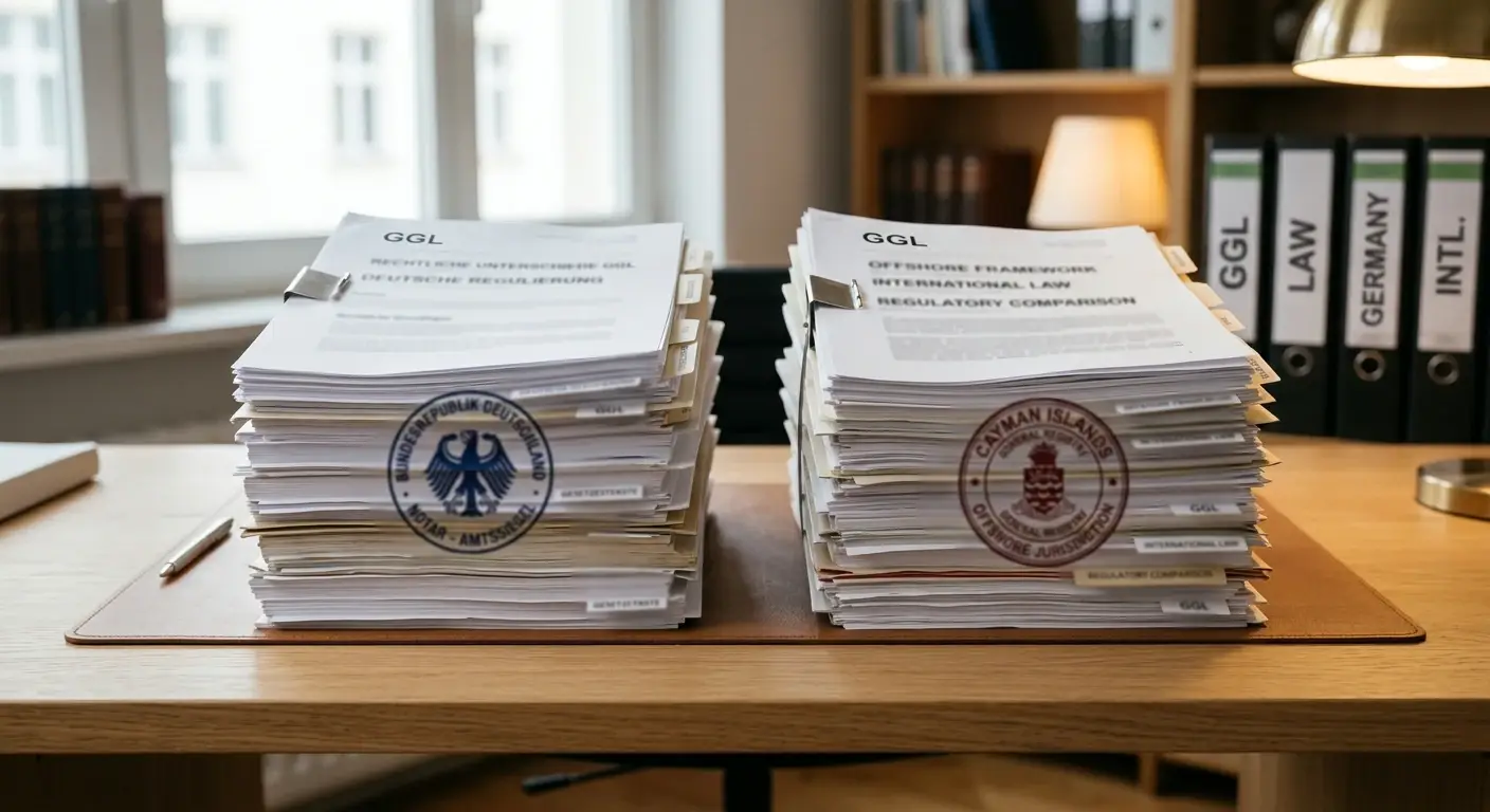 Zwei Stapel Rechtsdokumente mit unterschiedlichen Jurisdiktionsstempeln