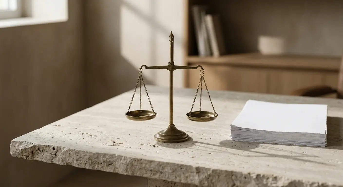 Justitia-Waage in weichem Licht neben einem Stapel neutraler Papiere ohne Beschriftung