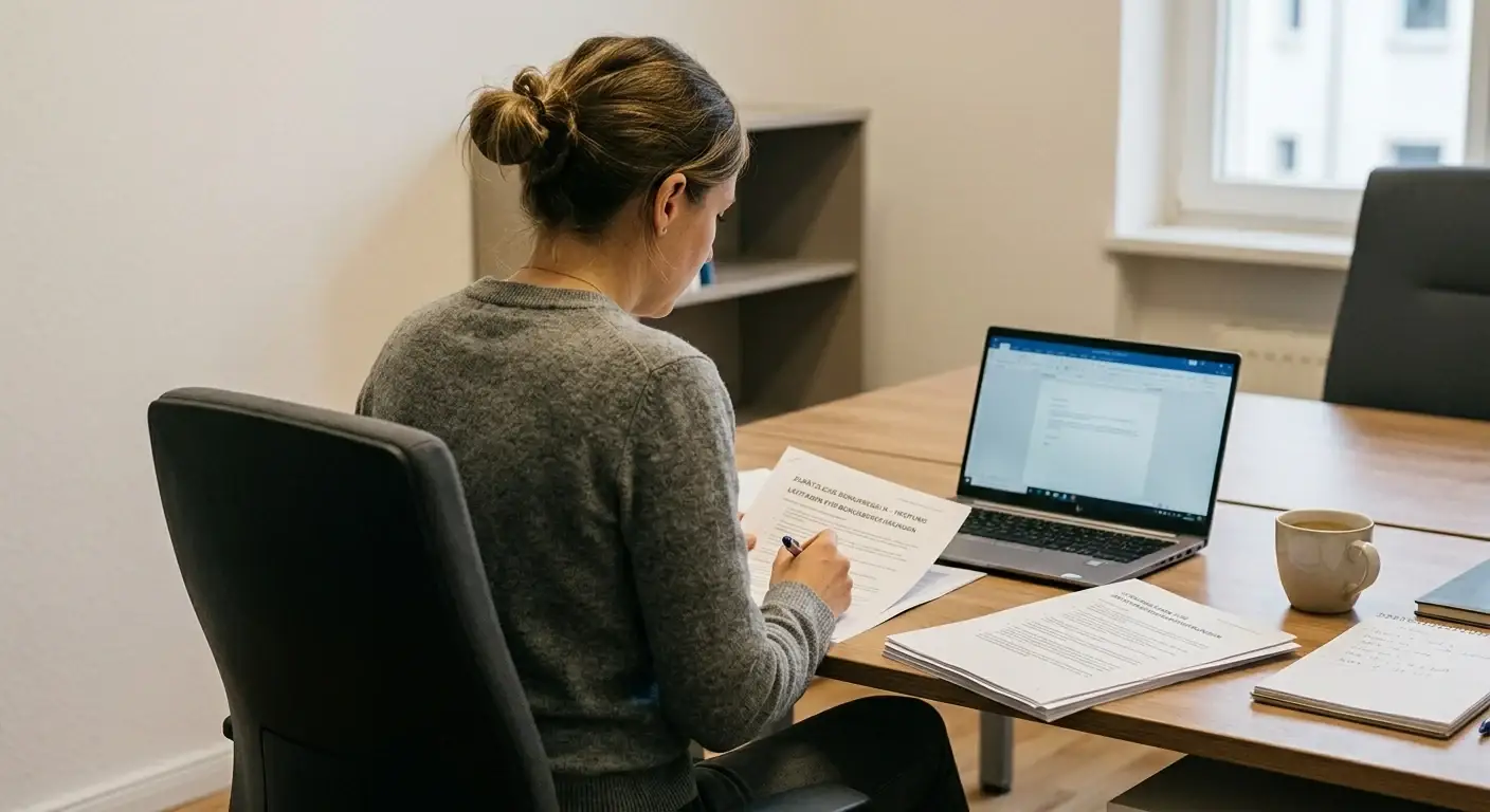 Person am aufgeräumten Schreibtisch mit gedruckten Dokumenten und offenem Laptop, konzentrierte Arbeitsatmosphäre