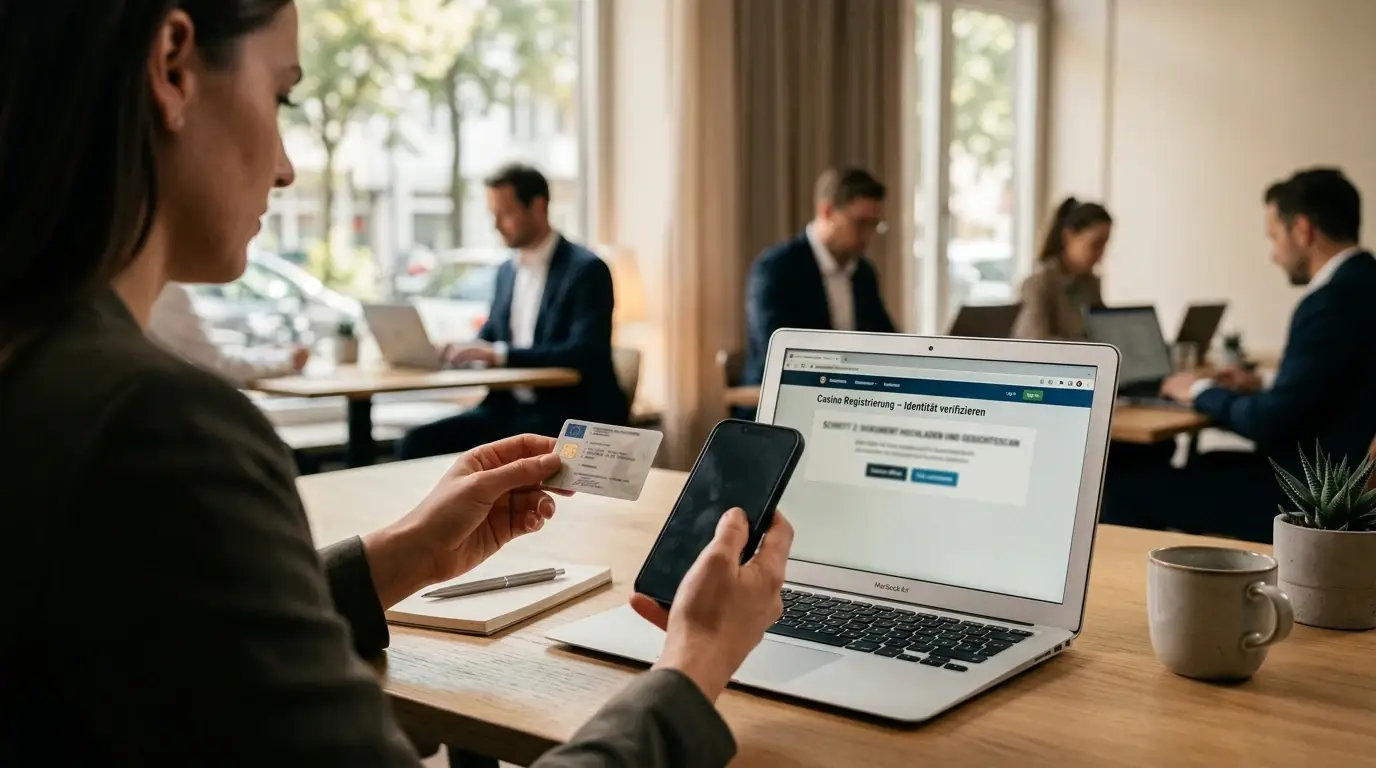Person bei der Online-Casino-Verifizierung mit Ausweis und Smartphone