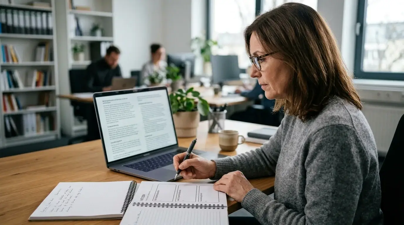 Person liest Bonusbedingungen auf einem neutralen Laptop neben Notizblock