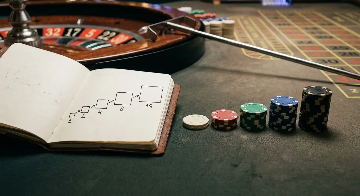 Handschriftliche Folge unterschiedlich großer Einsatzmarken neben einem ruhigen Roulette-Notizblatt