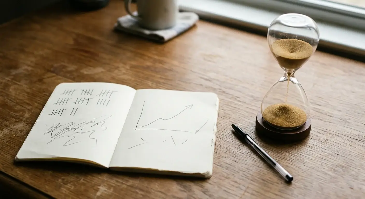 Schreibtisch mit offenem Notizblock, handschriftlich notierte Zeitrechnung neben einer stillen Sanduhr