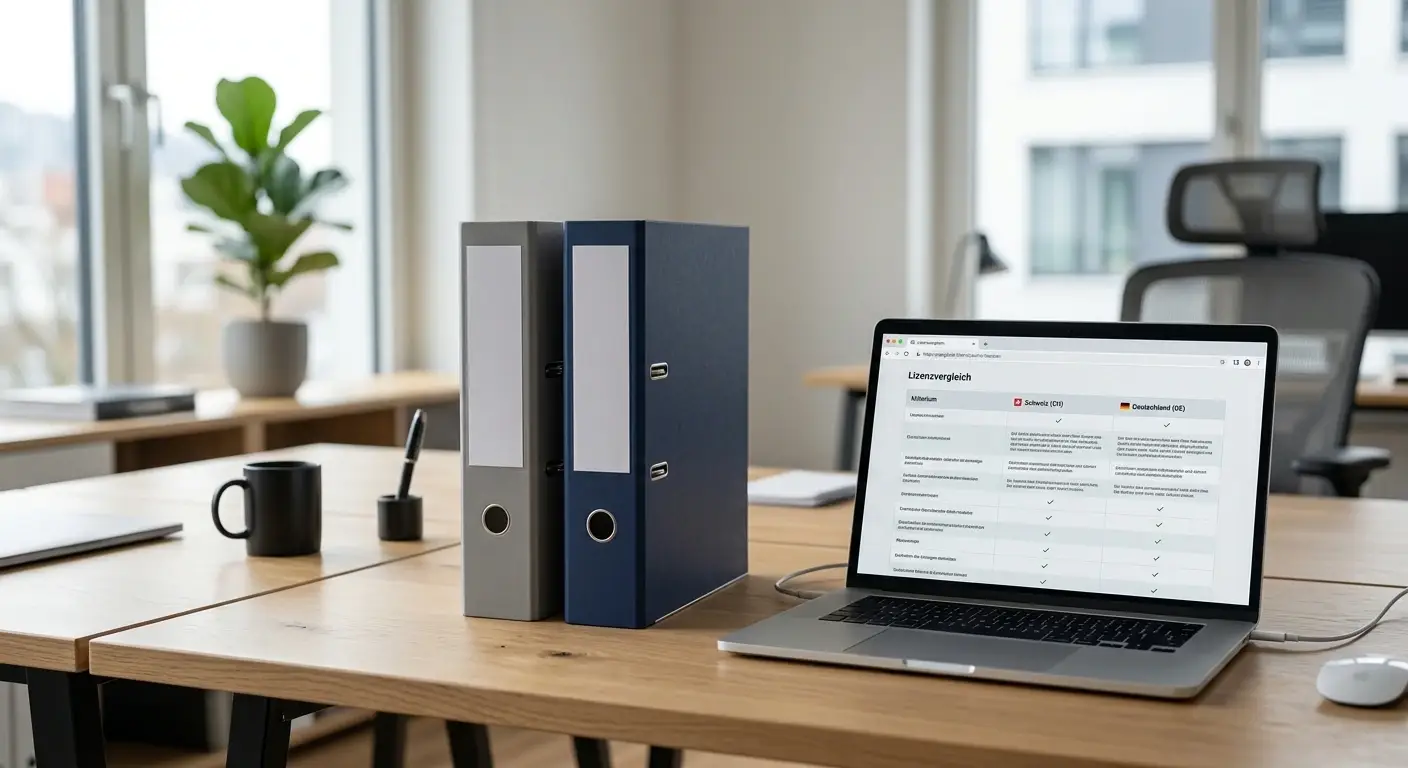 Neutraler Lizenznachweis neben Laptop mit Länderprüfung