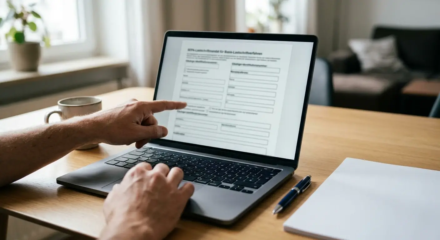 Person prüft ein digitales SEPA-Mandat auf einem Laptop ohne erkennbare Markenzeichen