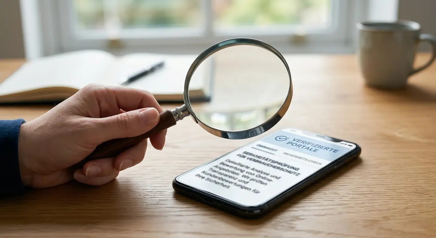 Person prüft Smartphone-Display mit Lupe, Konzept Seriosität und Verifikation