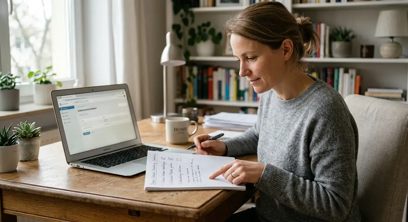 Checkliste mit Domain-, Kassen- und Auszahlungsschritten auf einem ruhigen Schreibtisch