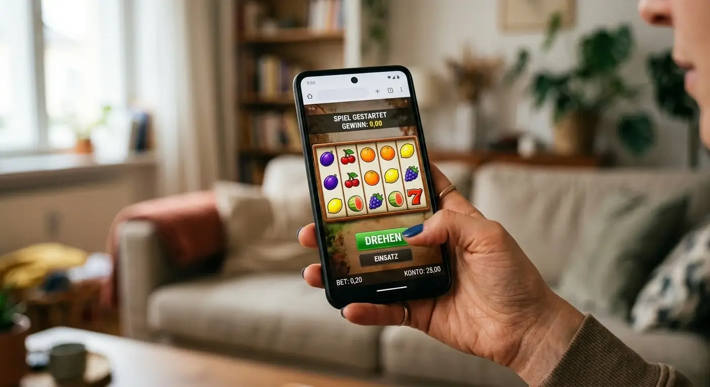 Hand hält ein Smartphone mit laufender Automaten-Demo im Browser, ohne echtes Geld