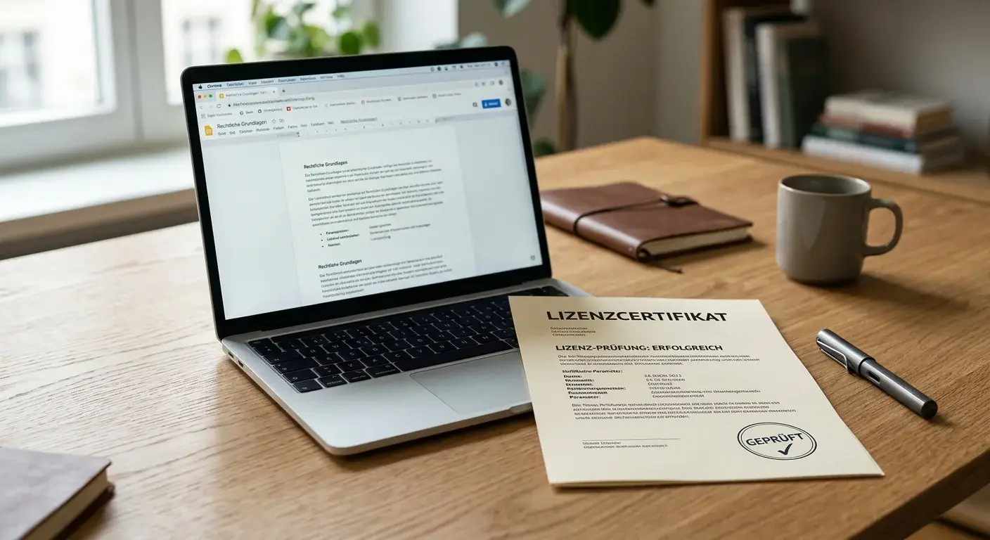 Neutrales Lizenzdokument mit Prüfhaken neben einem Laptop auf einem aufgeräumten Schreibtisch