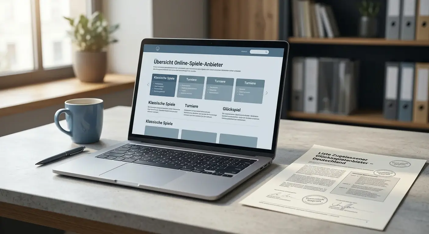 Laptop mit geöffneter Spielothek-Oberfläche und einer amtlichen Anbieterliste daneben