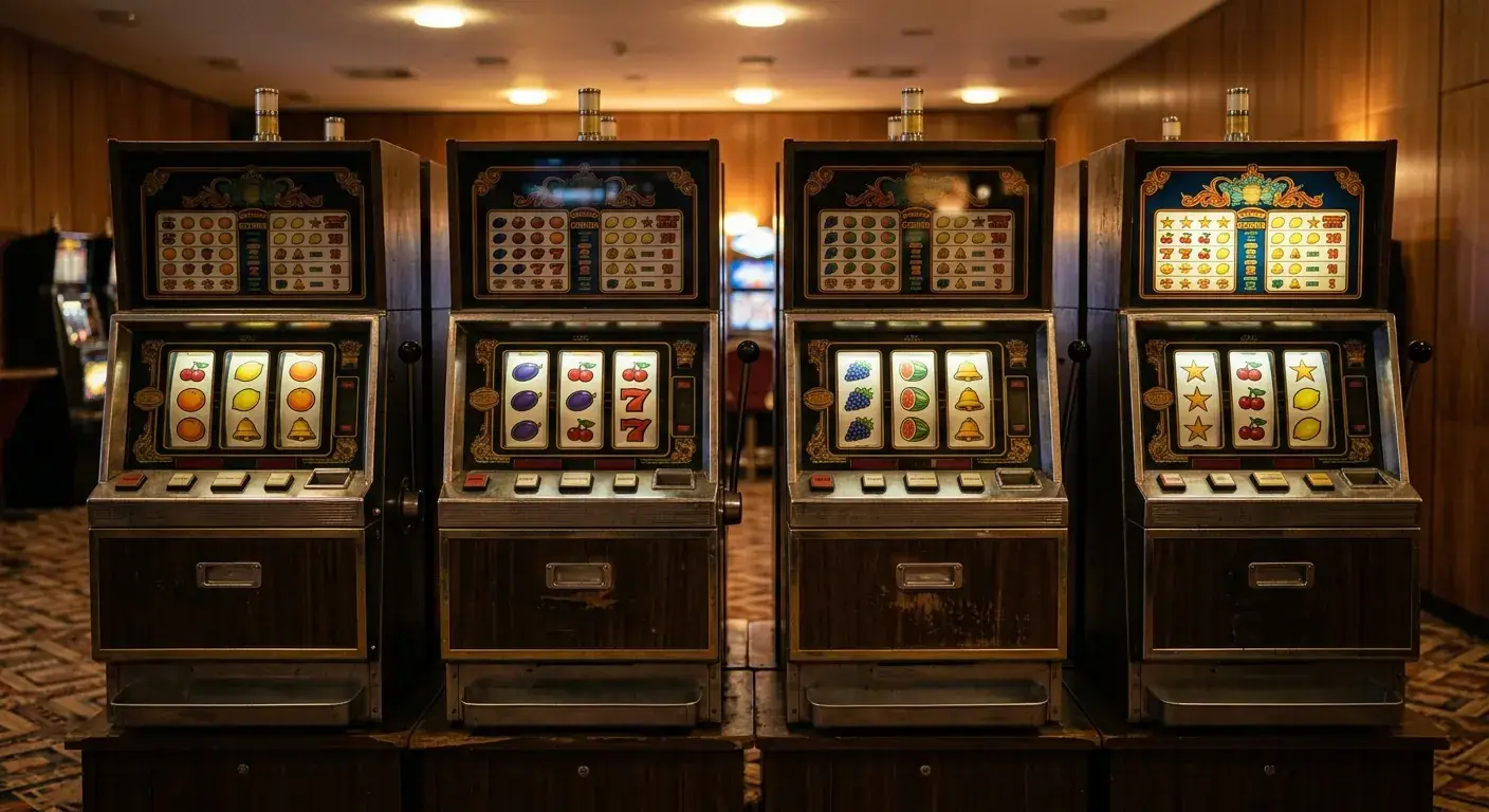 Mehrere klassische Früchte-Automaten nebeneinander mit leicht unterschiedlichen Walzenrastern