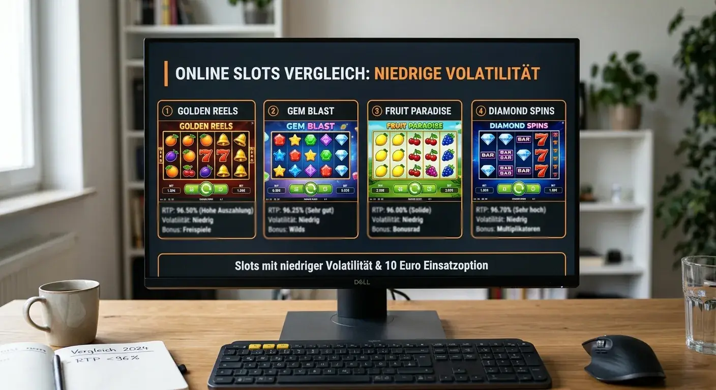 Monitor mit geöffneten Slot-Spielen und RTP-Statistiken in einer Vergleichsansicht