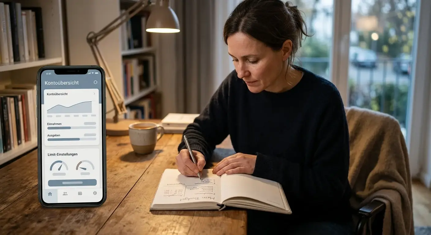 Person hält eine handschriftliche Budgetnotiz neben einem Smartphone mit neutraler Kontoansicht